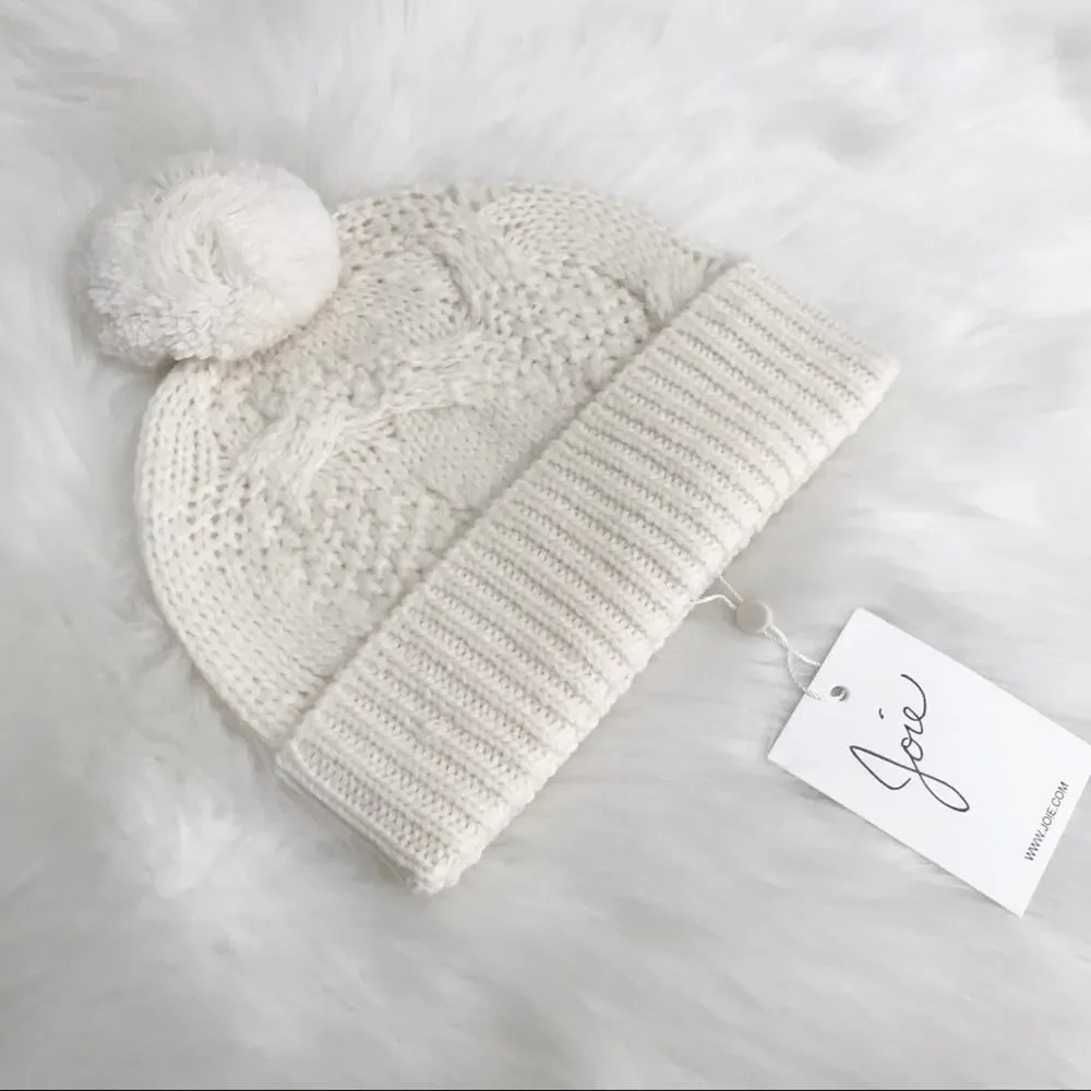 JOIE Pom Pom Cable Knit Beanie Hat